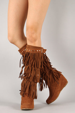 Fringe Studded Moccasin Knee High Wedge Boot