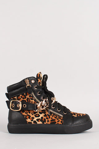 Leopard Chain Lace Up Round Toe Sneaker