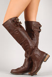 Distressed Buckle Round Toe Riding Knee High Boot