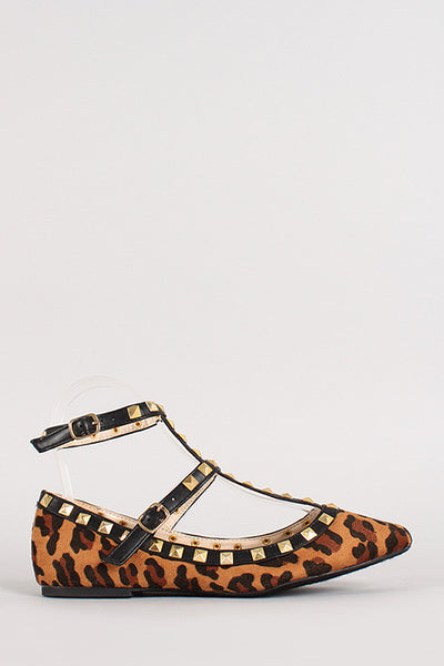 Leopard Faux Suede Pyramid Studded T-Strap Flat