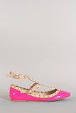 Neon Patent Pyramid Studded T-Strap Flat