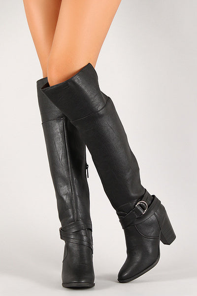 Ring Buckle Chunky Heel Knee High Boot