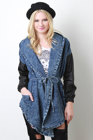 Leatherette Sleeve Denim Jacket