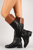 Two-Tone Leatherette Buckle Knee High Boot