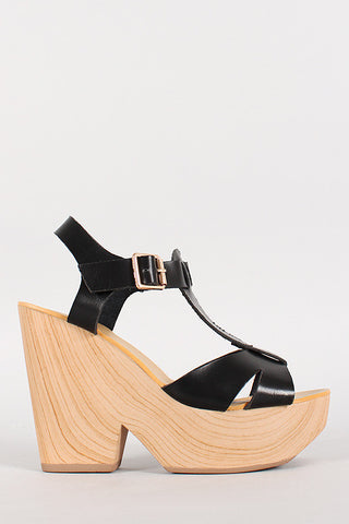 Leatherette T-Strap Buckle Faux Wood Heel