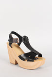 Leatherette T-Strap Buckle Faux Wood Heel