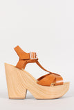 Leatherette T-Strap Buckle Faux Wood Heel