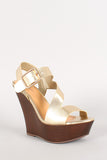 Dollhouse Metallic Asymmetrical Faux Wood Open Toe Platform Wedge