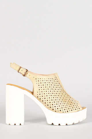 Perforated Metallic Stars And Circles Slingback Lug Sole Heel