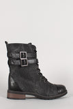 Bamboo Leatherette Two Tone Double Buckle Lace Up Combat Boot