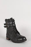 Bamboo Leatherette Two Tone Double Buckle Lace Up Combat Boot