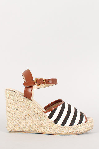 Stripe Canvas Peep Toe Espadrille Platform Wedge