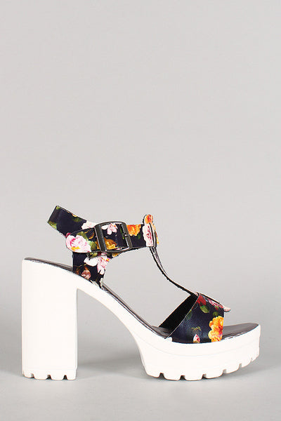 Floral Buckle Open Toe Chunky Platform Heel