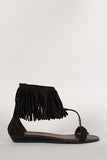 Wild Diva Suede Fringe T-Strap Open Toe Flat Sandal