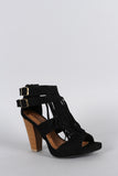 Qupid Suede Double Buckle Fringe Cut Out Chunky Heel