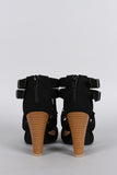 Qupid Suede Double Buckle Fringe Cut Out Chunky Heel