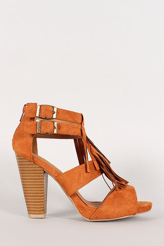 Qupid Suede Double Buckle Fringe Cut Out Chunky Heel