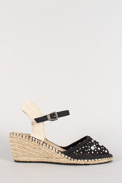 Lace Jeweled Round Toe Espadrille Wedge