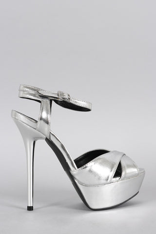 Qupid Metallic Crisscross Ankle Strap Heel