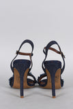 Shoe Republic Denim Distressed Fluff Open Toe Heel