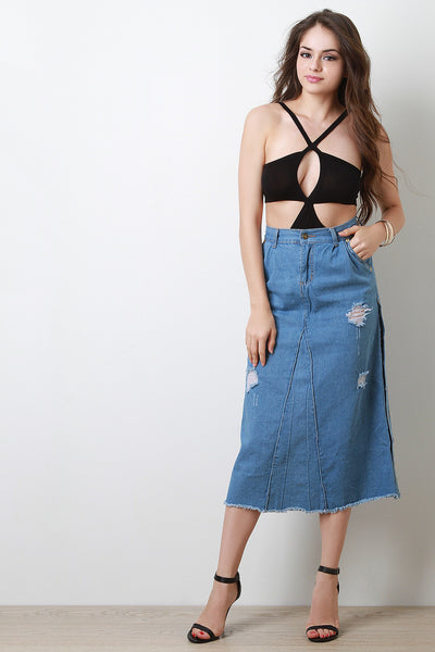 Side Button Denim Midi Skirt