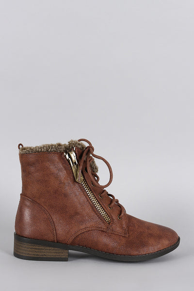 Qupid Shearling Zipper Lace Up Bootie