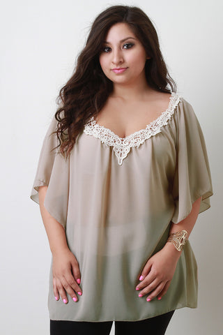 Plus Size Flowy Chiffon Crochet V-Neck Top