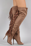 Privileged Suede Fringe Peep Toe Stiletto Thigh High Boot