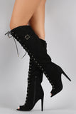 Qupid Faux Suede Lace Up Peep Toe Stiletto Thigh High Boot