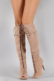 Qupid Faux Suede Lace Up Peep Toe Stiletto Thigh High Boot