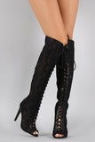 Qupid Floral Lace Stiletto Thigh High Lace Up Boot