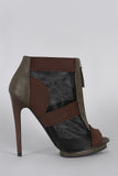 Snake Embossed Mesh Peep Toe Zip-Up Stiletto Booties