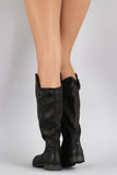 Qupid Burnished Buckle Round Toe Riding Knee High Boot