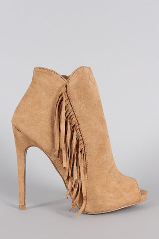 Qupid Suede Side Fringe Peep Toe Stiletto Booties