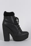 Qupid Sweater Cuff Lace Up Lug Sole Platform Heeled Combat Ankle Boots