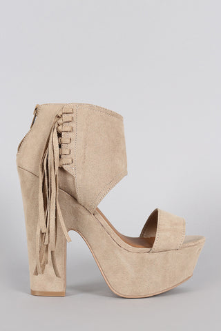 Qupid Suede Side Fringe Peep Toe Chunky Platform Heel