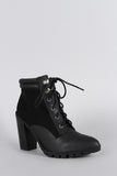 Qupid Pointy Toe Lace Up Heeled Combat Ankle Boots