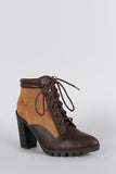 Qupid Two Tone Pointy Toe Lace Up Heeled Combat Ankle Boots