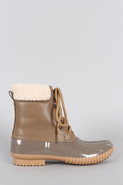 Faux Shearling Ankle cuff Lace Up Duck Ankle Boots