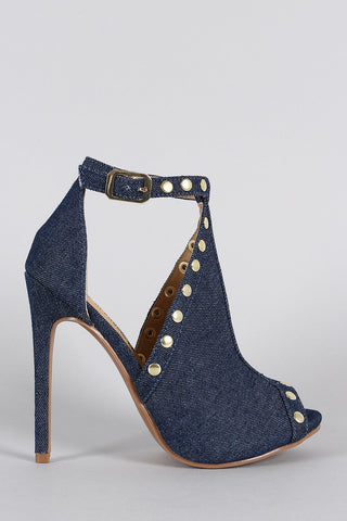 Shoe Republic LA Denim Studded Peep Toe Stiletto Heel