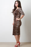 Plus Size Animal Print Cocktail Off Shoulder Sleeves Midi Dress