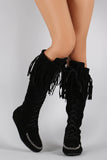 Suede Fringe Moccasin Lace Up Knee High Flat Boot