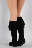 Suede Fringe Moccasin Lace Up Knee High Flat Boot