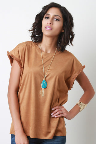 Suede Fringe Frame Short Sleeve Top