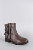 Qupid Burnished Double Zipper Buckle Round Toe Ankle Boots