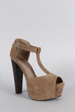 Breckelle T-Strap Suede Peep Toe Platform Chunky Heel