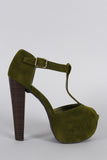 Breckelle T-Strap Suede Peep Toe Platform Chunky Heel