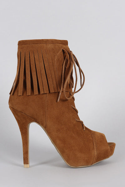 Anne Michelle Fringe Cuff Corset Laces Peep Toe Booties