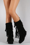 Suede Triple Layered Fringe Round Toe Mid Calf Boot