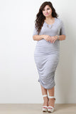 Plus Size Ruched Elbow-Sleeves Midi Bodycon Dress